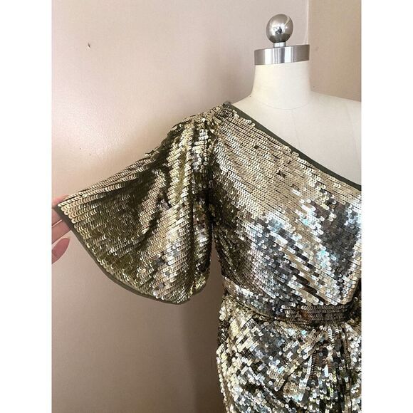 Mac Duggal Gold Sequin One Shoulder High Slit Evening Gown Dress sz 6 NWT $698 - Picture 7 of 12